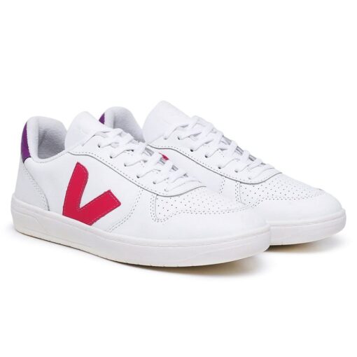 TÊNIS VERT V-10 COURO EXTRA BRANCO VERMELHO E ROXO